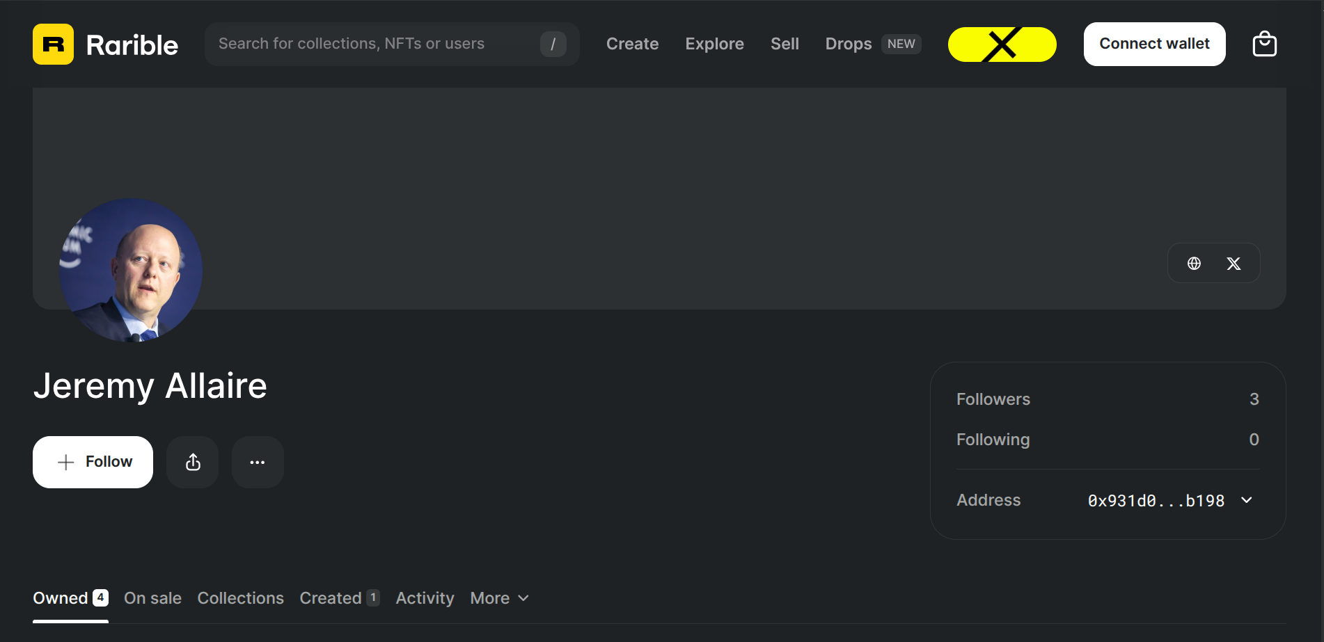 Rarible profile for Jeremy Allaire showing address 0x931d…b198